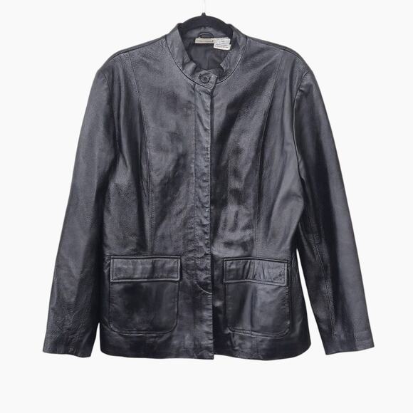 Newport News Women’s Leather Jacket L Retro Minimalist Genuine Black Button Down - Picture 1 of 8